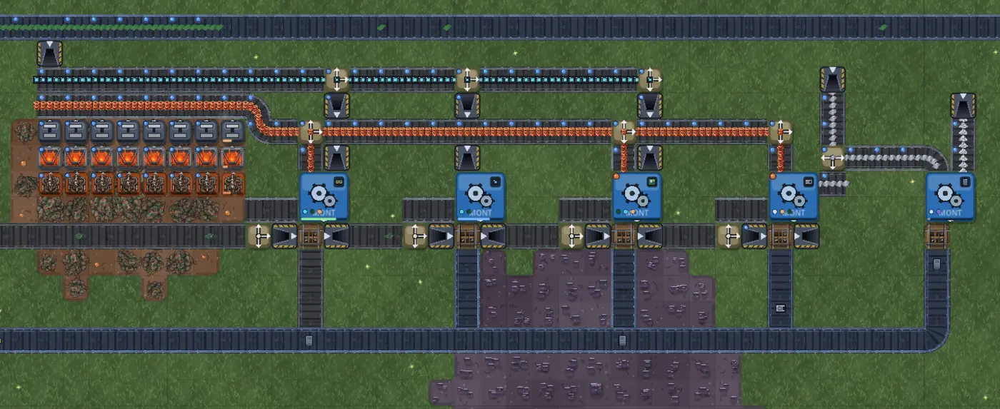 Breite Fabrikanlage mit Schmelzöfen links und Montagemaschinen rechts