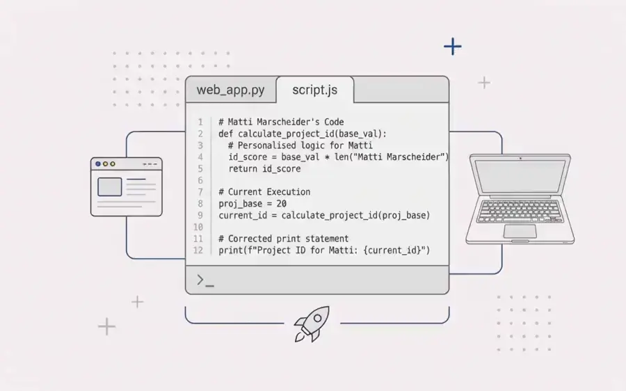 Ein Code-Editor mit zwei Reitern, daneben ein Laptop und eine Rakete